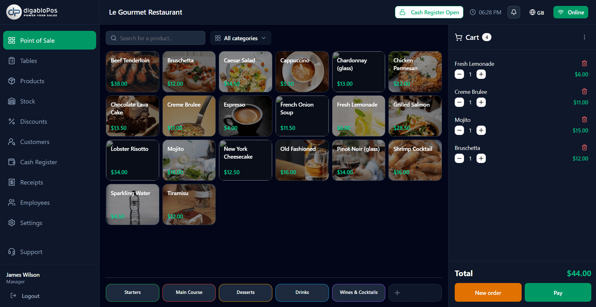digabloPos - Point of sale interface with product grid and cart